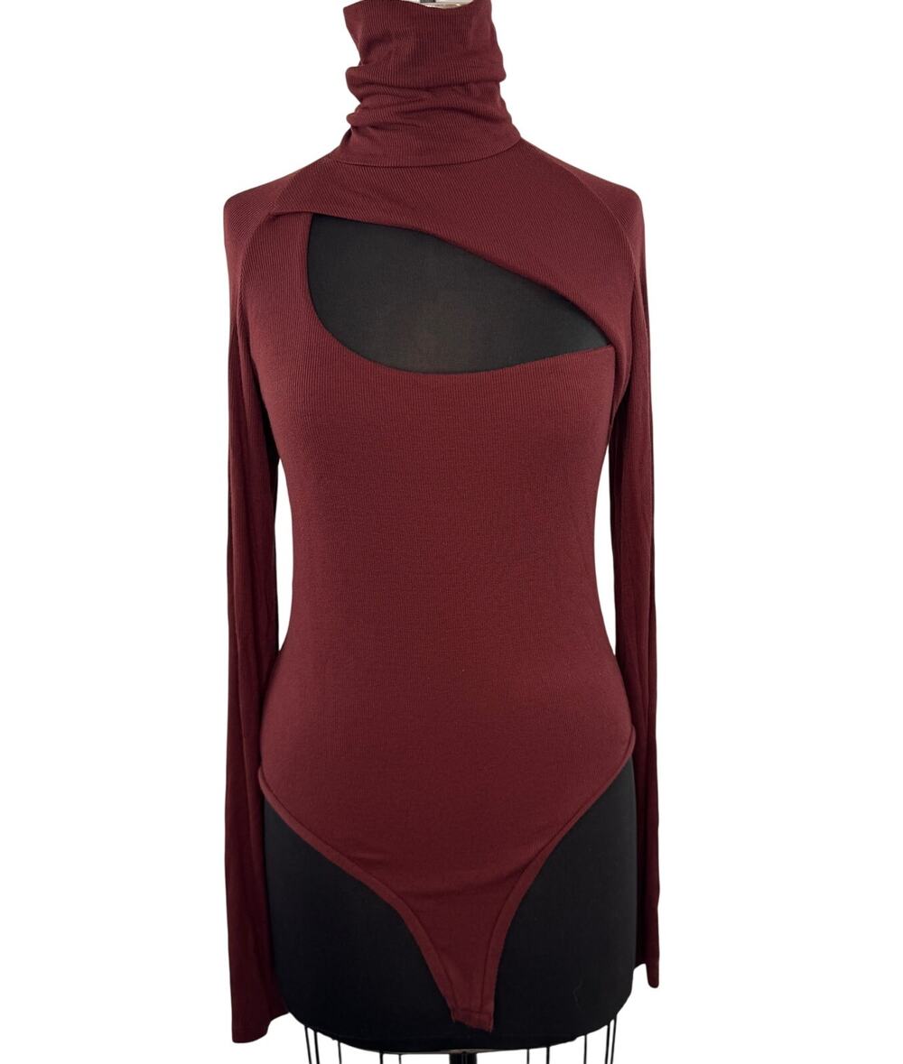 Alix NYC Carder Burgundy Bodysuit Stretch Ribbed Knit Turtleneck Size Large L